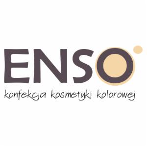 Logo firmy ENSO z napisem 'konfekcja kosmetyki kolorowej' poniżej, okrągły element w kolorze beżowym.