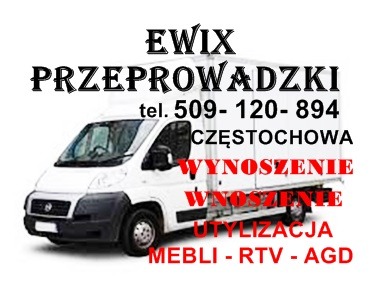 Grafika reklamowa firmy EwiX z Częstochowy oferującej usługi przeprowadzkowe, wynoszenia i utylizacji mebli, RTV i AGD. Na białym tle widoczny biały samochód dostawczy.