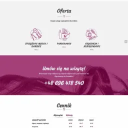 Strona internetowa salonu fryzjerskiego Infinity z fioletowym motywem, prezentująca ofertę, cennik i dane kontaktowe.