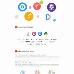 Strona internetowa firmy SoftSystem z uśmiechniętą kobietą trzymającą kartkę z napisem 'Przyjazna atmosfera, Dobre miejsce do pracy', liczne ikony technologii i ofert pracy.