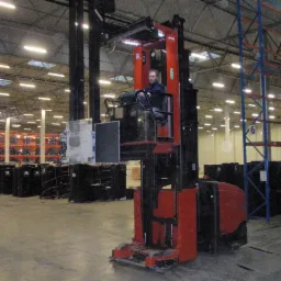 Operator w wózku widłowym wysokiego składowania, unoszącym paletę w magazynie z regałami, widoczne czarne pojemniki i oświetlenie sufitowe.