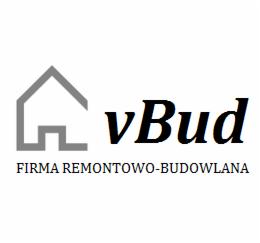 Logo firmy vBud z symbolem domu i napisem 'FIRMA REMONTOWO-BUDOWLANA' pod spodem. Czcionka czarna, tło białe. Minimalistyczny design.