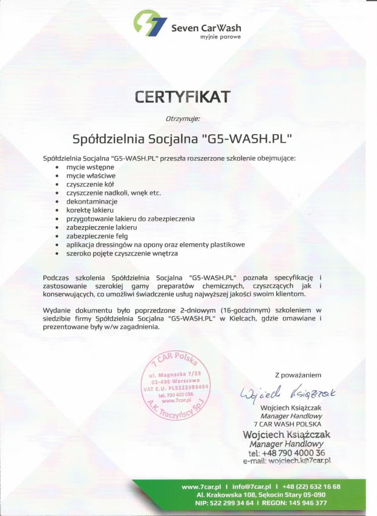 Certyfikat ukończenia szkolenia myjni parowej Seven Car Wash dla Spółdzielni Socjalnej G5-WASH.PL, obejmującego mycie, czyszczenie, dekontaminację i zabezpieczenie lakieru.
