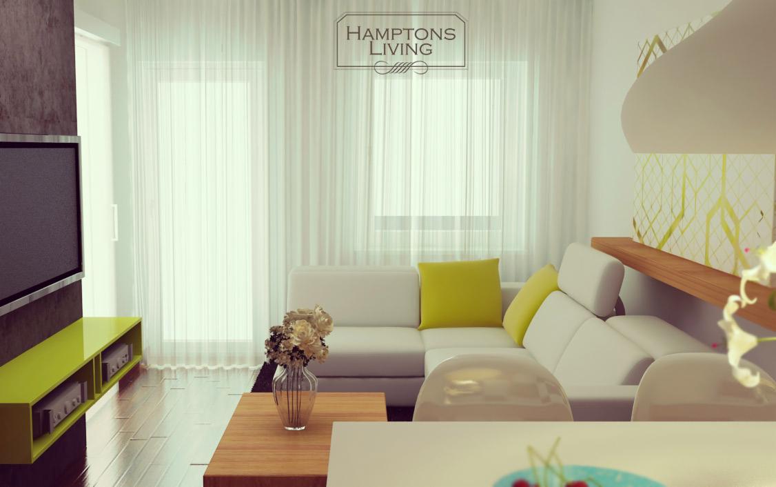 Jasne wnętrze salonu w stylu Hamptons Living: biała sofa z żółtymi poduszkami, drewniany stolik z kwiatami i limonkowy regał pod telewizorem. Minimalistyczny design.