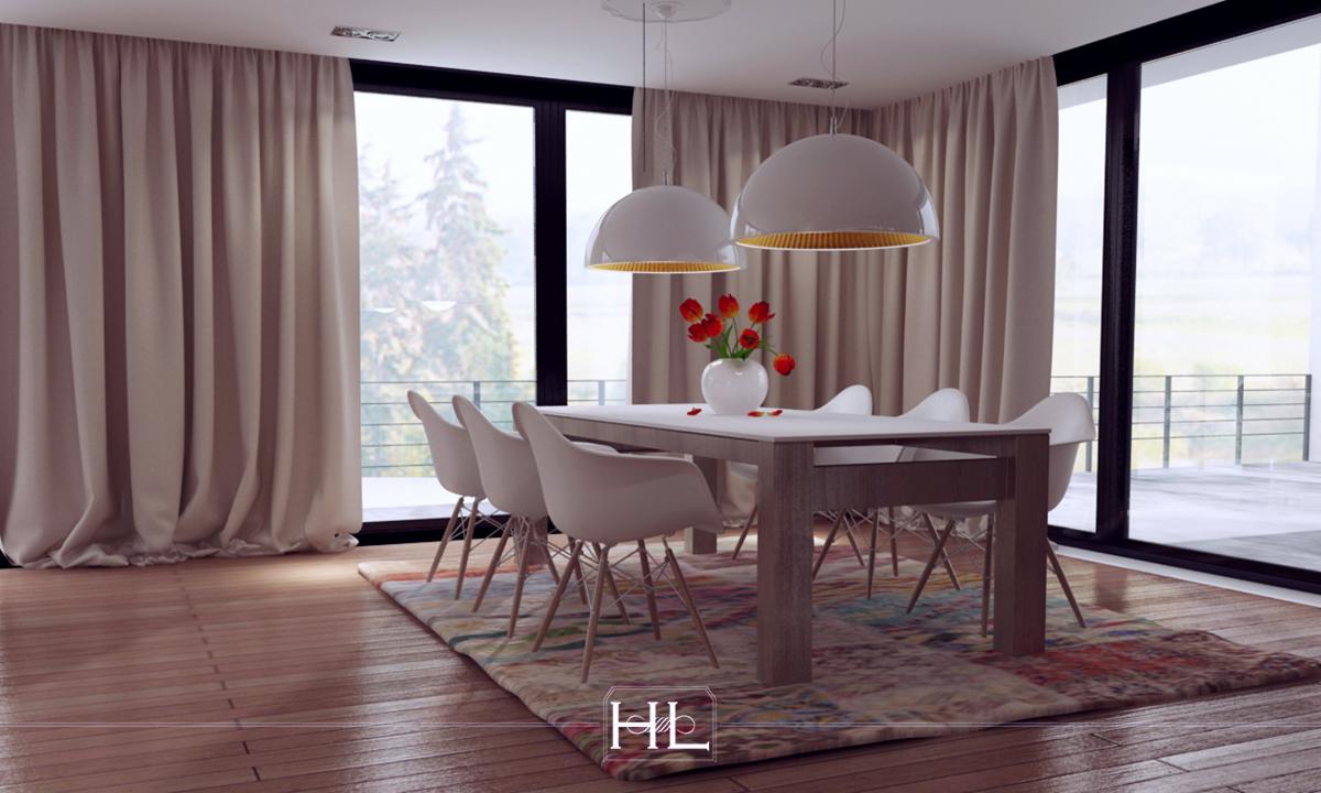 Jasna jadalnia z drewnianą podłogą i dywanem w stylu vintage. Białe krzesła i stół dopełniają wystrój. Za oknem widok na zieleń.