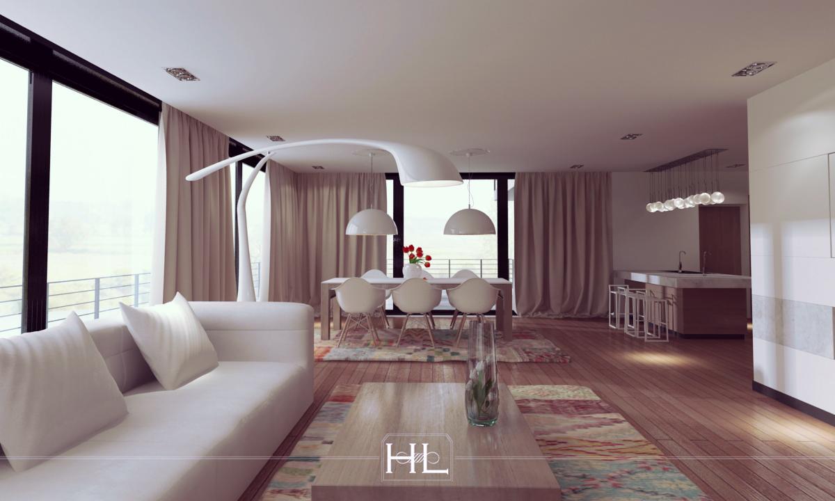 Nowoczesny salon z białymi meblami, drewnianą podłogą i dywanem w pastelowe wzory. Charakterystyczna lampa nad stołem i widok z okna dodają wnętrzu przestronności.