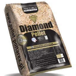 Worek 15kg z pelletem drzewnym marki Poltarex Diamond Pellet, z widocznymi certyfikatami i parametrami technicznymi produktu.