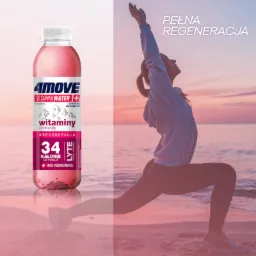 Projekt graficzny promujący napój witaminowy Amove, przedstawiający butelkę produktu obok kobiety ćwiczącej jogę na plaży o wschodzie słońca, z hasłem 'Pełna Regeneracja' i informacją o zawartości...