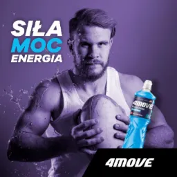 Mężczyzna z brodą w białym podkoszulku trzyma piłkę do rugby i napój energetyczny 4MOVE na fioletowym tle z efektem rozpryskującej się wody.