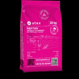 Różowy worek 20 kg z węglem kamiennym typu orzech, marki Atex, Neptun, przeznaczony do kotłów tradycyjnych, z informacjami o wartości opałowej, popiele, siarce i granulacji oraz adresem strony...
