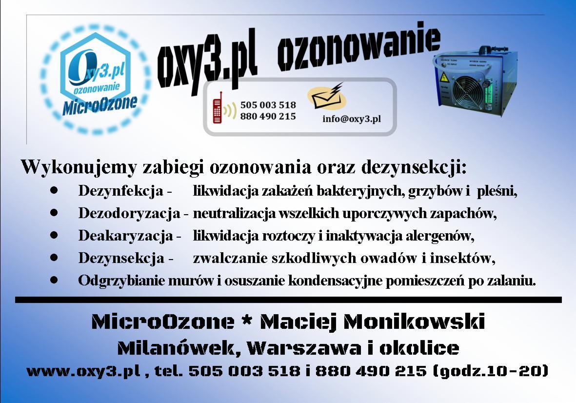 Ulotka reklamowa firmy MicroOzone oferującej usługi ozonowania i zwalczania szkodników, z logotypem, numerami telefonów i adresem e-mail.