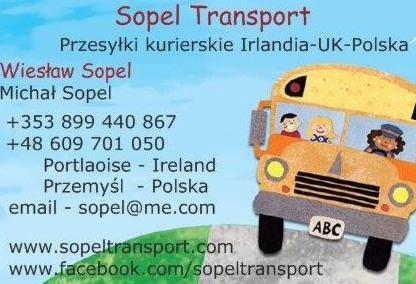 Wizytówka firmy Sopel Transport oferującej przesyłki kurierskie między Irlandią, Wielką Brytanią i Polską, z ilustracją autobusu z postaciami w oknach.