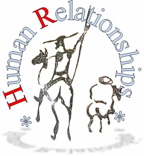 Grafika z napisem 'Human Relationships' otaczającym stylizowane rysunki naskalne przedstawiające postacie i zwierzęta, z niebieskimi akcentami i drobnymi kwiatkami.