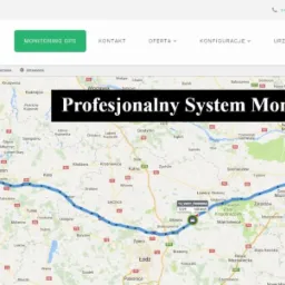 Mapa Polski z naniesioną trasą GPS pojazdu, widoczne dane dotyczące prędkości, czasu jazdy i postojów, z zaznaczonymi miastami Warszawa, Łódź, Kalisz, Gniezno, z logo firmy TECRA Monitoring GPS.