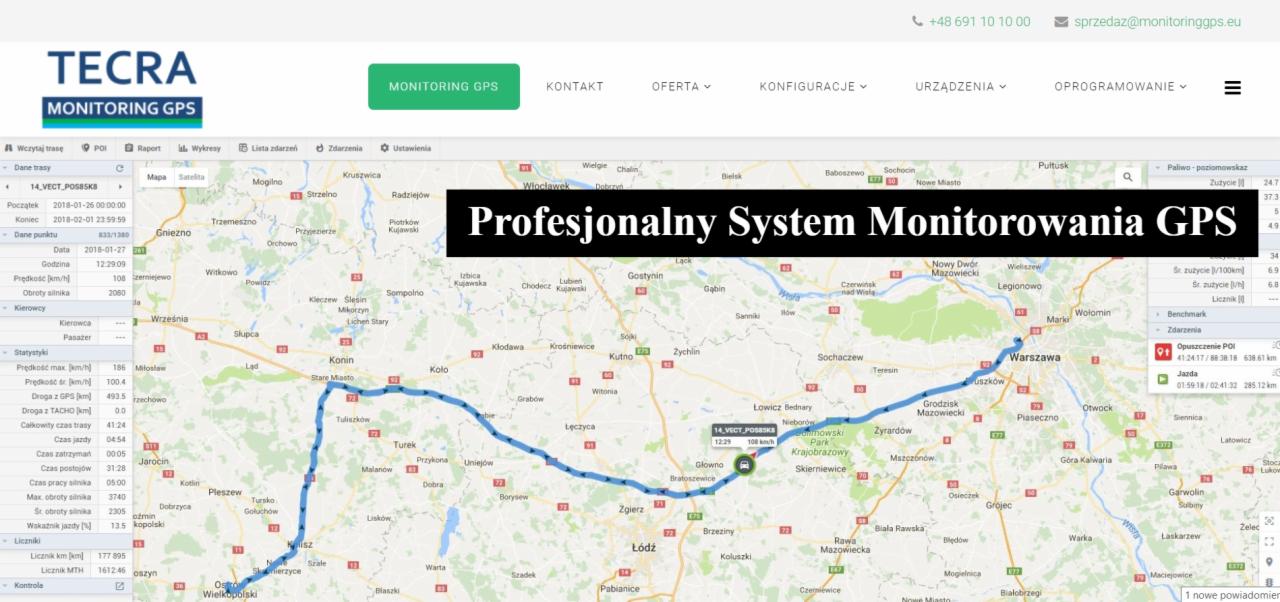 Mapa Polski z naniesioną trasą GPS pojazdu, widoczne dane dotyczące prędkości, czasu jazdy i postojów, z zaznaczonymi miastami Warszawa, Łódź, Kalisz, Gniezno, z logo firmy TECRA Monitoring GPS.