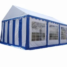 Nowy, mocny namiot 4x6m, hala namiotowa magazynowa w biało-niebieskie pasy, z oknami, prezentowany w Krakowie.