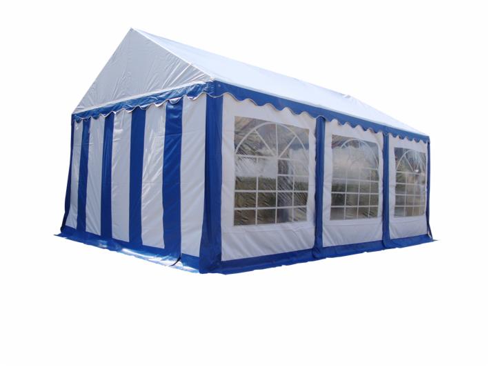 Nowy, mocny namiot 4x6m, hala namiotowa magazynowa w biało-niebieskie pasy, z oknami, prezentowany w Krakowie.