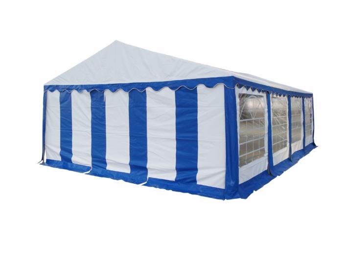 Nowy, mocny namiot magazynowy o wymiarach 5x8m, w biało-niebieskie pasy, z oknami po bokach, na białym tle.