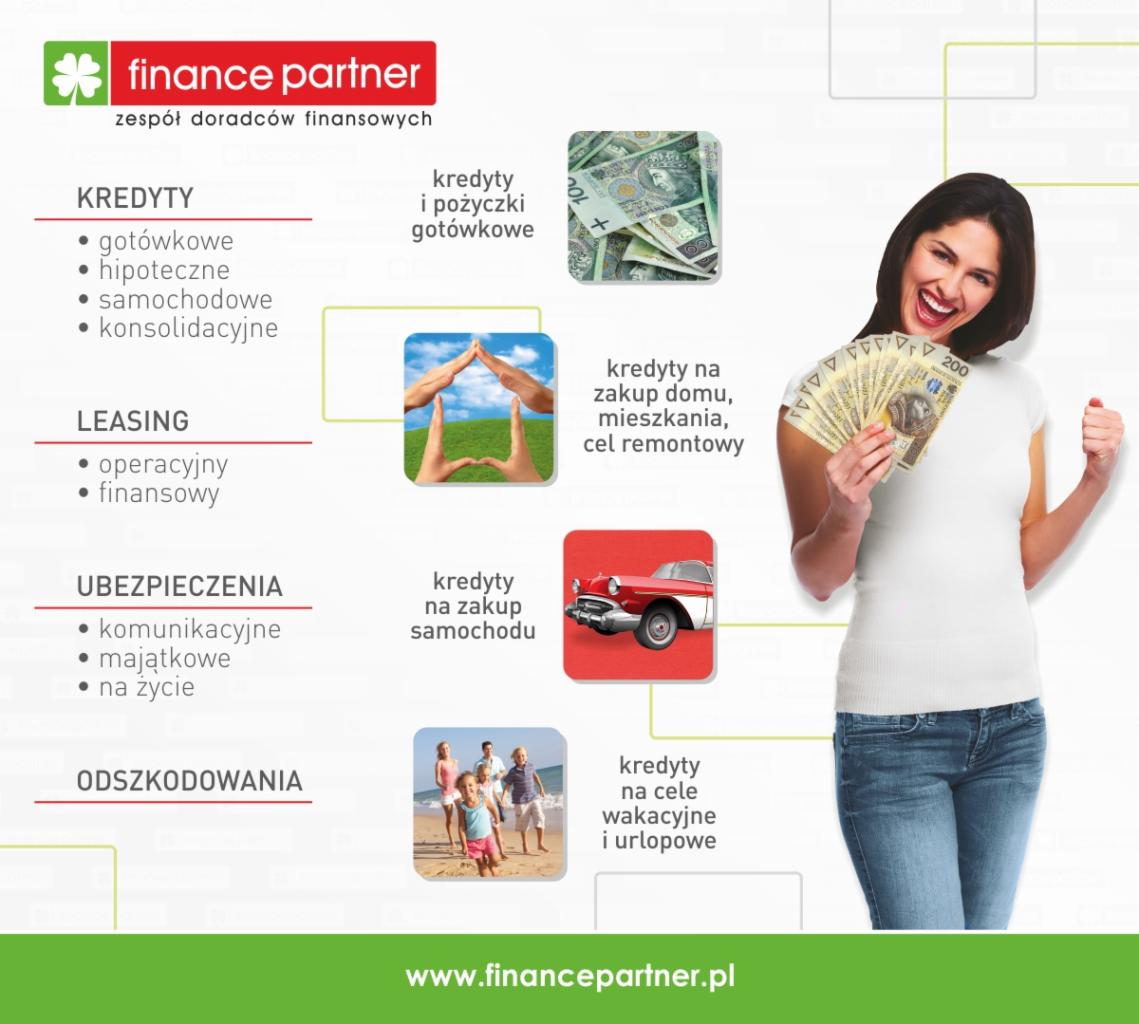 Grafika Finance Partner prezentuje oferty kredytów: gotówkowe, hipoteczne, samochodowe, leasing, ubezpieczenia i odszkodowania. Uśmiechnięta kobieta trzyma plik banknotów.