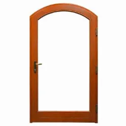 Brązowe, łukowe drzwi drewniane z klamką na białym tle. Widoczny detal wykończenia i zawiasy. Klasyczny design.