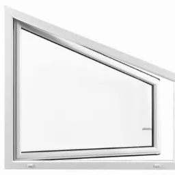 Białe, nietypowe okno o trapezoidalnym kształcie, uchylone w górnej części, na białym tle. Widoczny uchwyt okienny.
