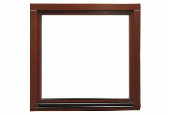 Brązowa rama okienna z drewna, kwadratowa, z widocznymi detalami łączeń i czarnymi uszczelkami u dołu. Prostokątny, symetryczny kształt.