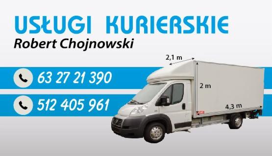 Usługi kurierskie Robert Chojnowski: biały bus z wymiarami 2.1m, 2m, 4.3m i numerami telefonów na grafice reklamowej.