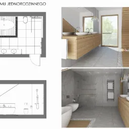 Wizualizacja łazienki w domu jednorodzinnym, przedstawiająca plan z góry i przekrój z boku oraz realistyczne ujęcia z perspektywy użytkownika, ukazujące nowoczesne umywalki nablatowe na drewnianej...