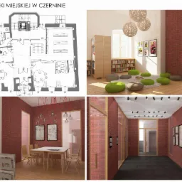 Wizualizacja wnętrz filii biblioteki miejskiej w Czerninie: rzut parteru, strefa czytelnicza z pufami i regałami, sala z drewnianym stołem i krzesłami, korytarz z ceglanymi ścianami i oświetleniem...