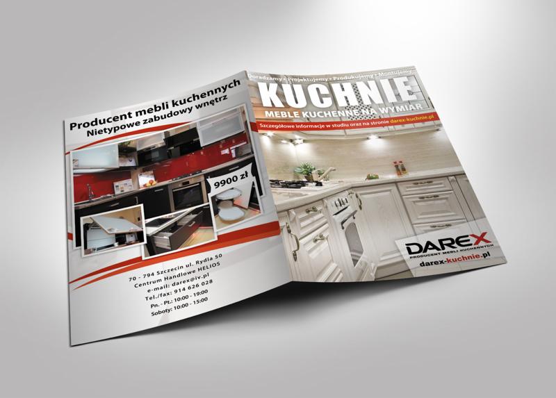 Otwarta broszura reklamowa producenta mebli kuchennych Darex, prezentująca aranżacje wnętrz i kuchnie na wymiar. Widoczne zdjęcia zrealizowanych projektów i dane kontaktowe firmy.