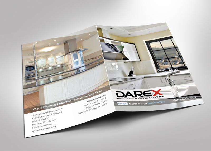 Dwustronicowa broszura z aranżacjami nowoczesnych kuchni, prezentująca firmę Darex, producenta mebli kuchennych. Jasne wnętrza, minimalistyczny design i kontakt do firmy.
