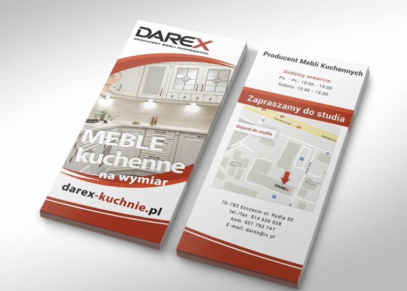 Biała broszura reklamowa producenta mebli kuchennych Darex z wizualizacją kuchni na wymiar i mapką dojazdu do studia w Szczecinie.