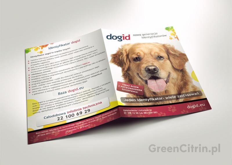 Ulotka informacyjna Dogid z wizerunkiem psa rasy Golden Retriever. Tekst o identyfikacji zwierząt, szczepieniach i infolinii. Elementy graficzne w kolorach żółtym i czerwonym.