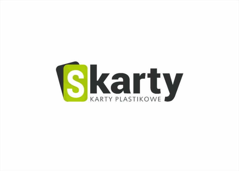 Logo firmy 'Skarty' z zielono-czarnym motywem, oferującej karty plastikowe. Grafika na białym tle.
