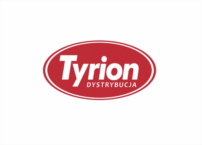 Logo firmy dystrybucyjnej Tyrion w czerwonym owalu na białym tle. Nazwa firmy pisana białą czcionką, pod nią napis 'DYSTRYBUCJA' mniejszą czcionką.