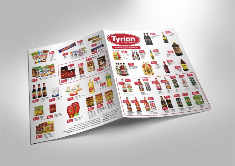Rozłożona broszura reklamowa z produktami spożywczymi i napojami, z logo firmy dystrybucyjnej Tyrion, ceny i opisy produktów na białym tle.