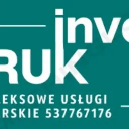 Grafika z logo 'Invest Bruk' na zielonym tle, oferująca kompleksowe usługi brukarskie, z numerem telefonu 537767176.