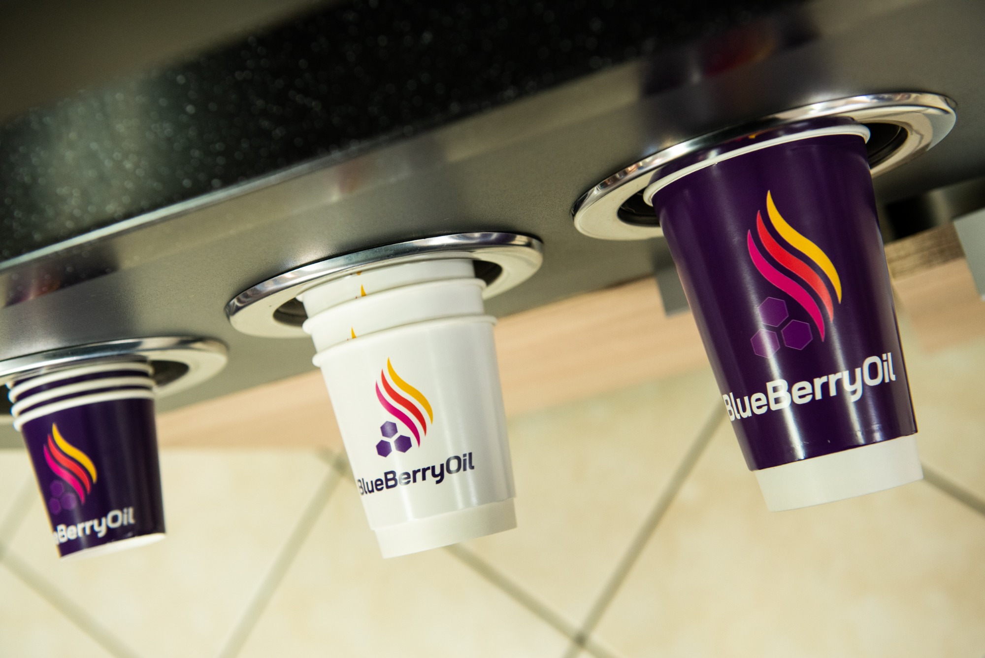 Dozownik z trzema kubkami z logo 'BlueBerryOil', dwa fioletowe i jeden biały, umieszczone w metalowych uchwytach.