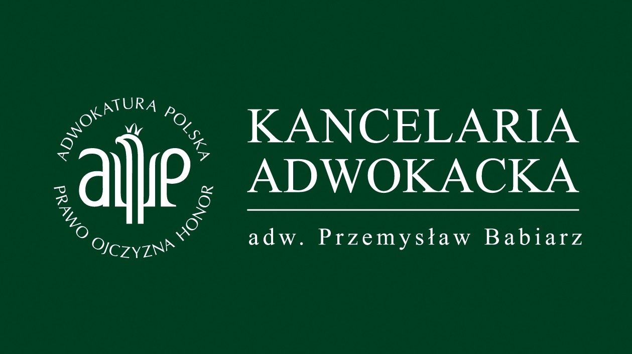 Logo Kancelarii Adwokackiej z orłem w koronie, otoczone napisem ADWOKATURA POLSKA PRAWO OJCZYZNA HONOR, nazwa kancelarii i imię adwokata poniżej, wszystko na ciemnozielonym tle.