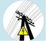 Słup energetyczny z przewodami wysokiego napięcia i znakiem ostrzegawczym o niebezpieczeństwie porażenia prądem na tle jasnoniebieskiego okręgu.