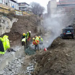 Pracownicy w odblaskowych kamizelkach zabezpieczają wykop z odsłoniętym zbrojeniem, w tle widoczny generator prądu i budynki.