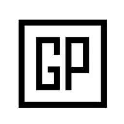 Czarno-białe logo z literami GP w kwadracie.