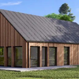 Wizualizacja domu jednorodzinnego z drewnianą elewacją i grafitowym dachem, otoczonego zielenią. Nowoczesny styl architektoniczny, duże przeszklenia, perspektywa z zewnątrz.