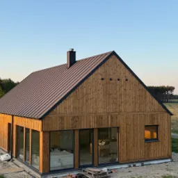 Nowoczesny dom z drewnianą elewacją i ciemnym dachem na tle zieleni i błękitnego nieba, w trakcie wykańczania. Widoczne duże okna i komin.