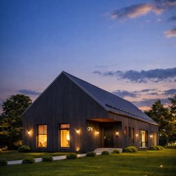 Biuro Projektów i Realizacji Inwestycji GP - Nowoczesny dom z ciemnego drewna oświetlony ciepłym światłem o zmierzchu. Minimalistyczna bryła, duże okna i zadbany trawnik tworzą elegancki wygląd.