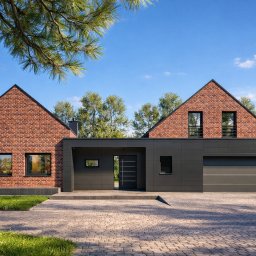Biuro Projektów i Realizacji Inwestycji GP - Dwukondygnacyjny dom z cegły klinkierowej i grafitową elewacją, z garażem i brukowanym podjazdem, w słoneczny dzień. Widok z poziomu gruntu.