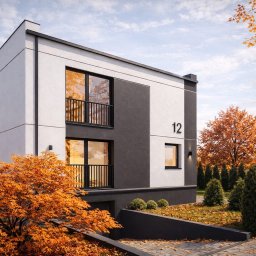 Biuro Projektów i Realizacji Inwestycji GP - Dwukondygnacyjny dom z numerem 12, w nowoczesnym stylu, z balkonem i garażem podziemnym, otoczony jesiennymi drzewami. Ujęcie z poziomu gruntu.