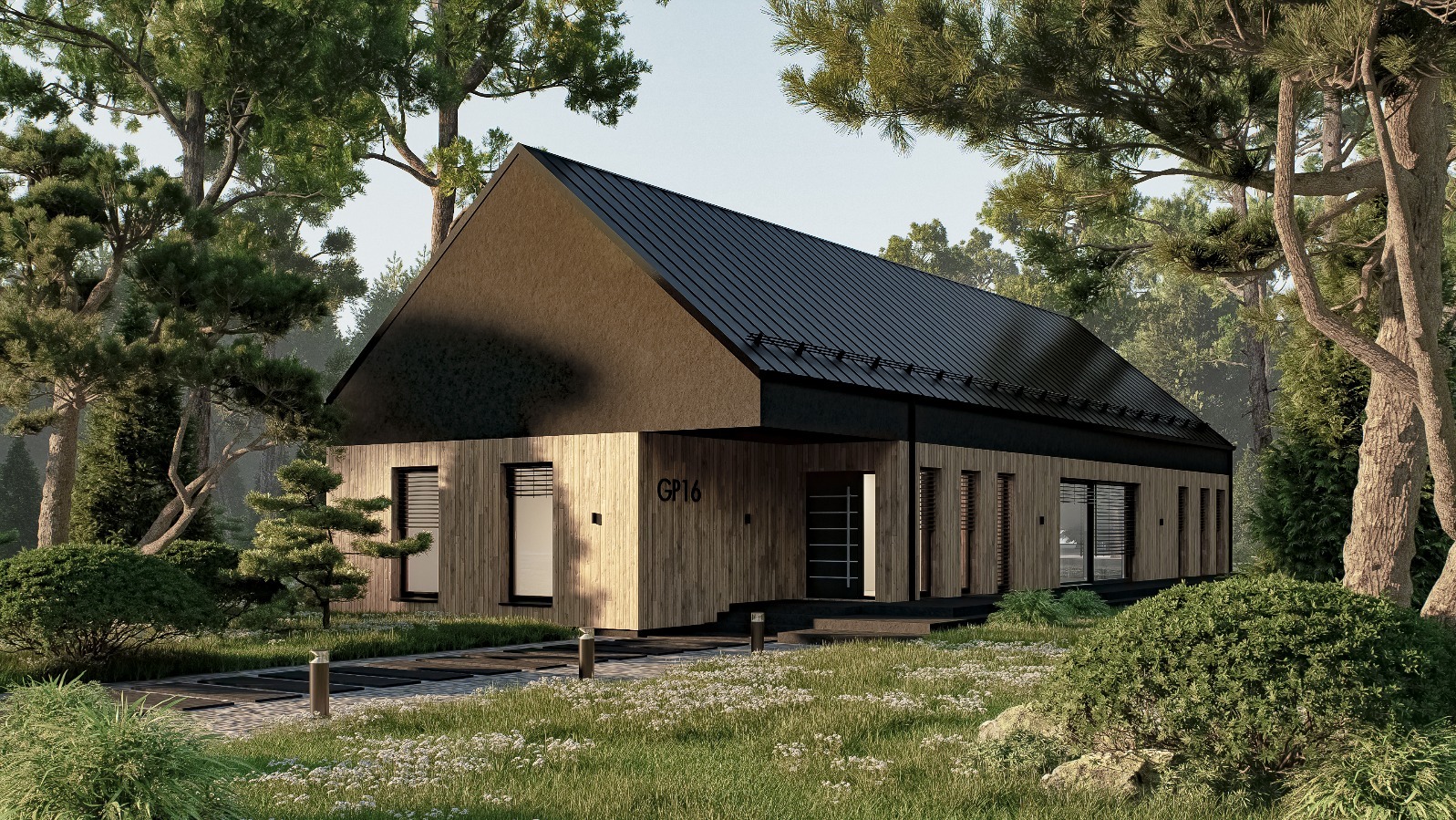 Wizualizacja domu jednorodzinnego w stylu nowoczesnej stodoły z drewnianą elewacją i czarnym dachem, otoczonego zielenią. Widoczny numer domu 'GP16'.