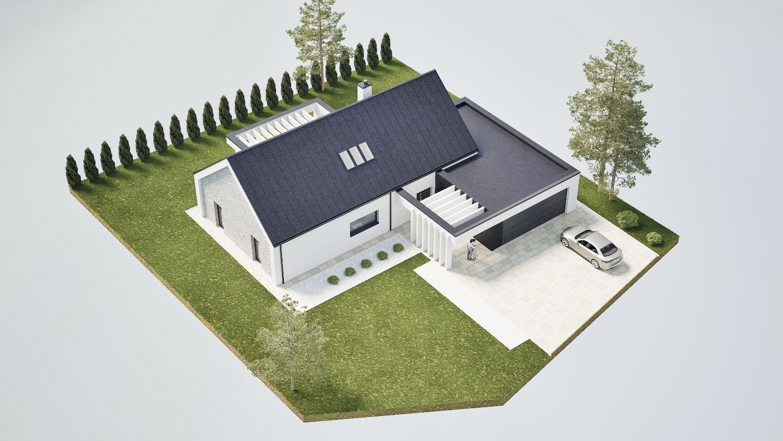 Model nowoczesnego domu z płaskim dachem, garażem i zadbanym ogrodem, widziany z góry. Na podjeździe stoi srebrny samochód, a przy wejściu para.