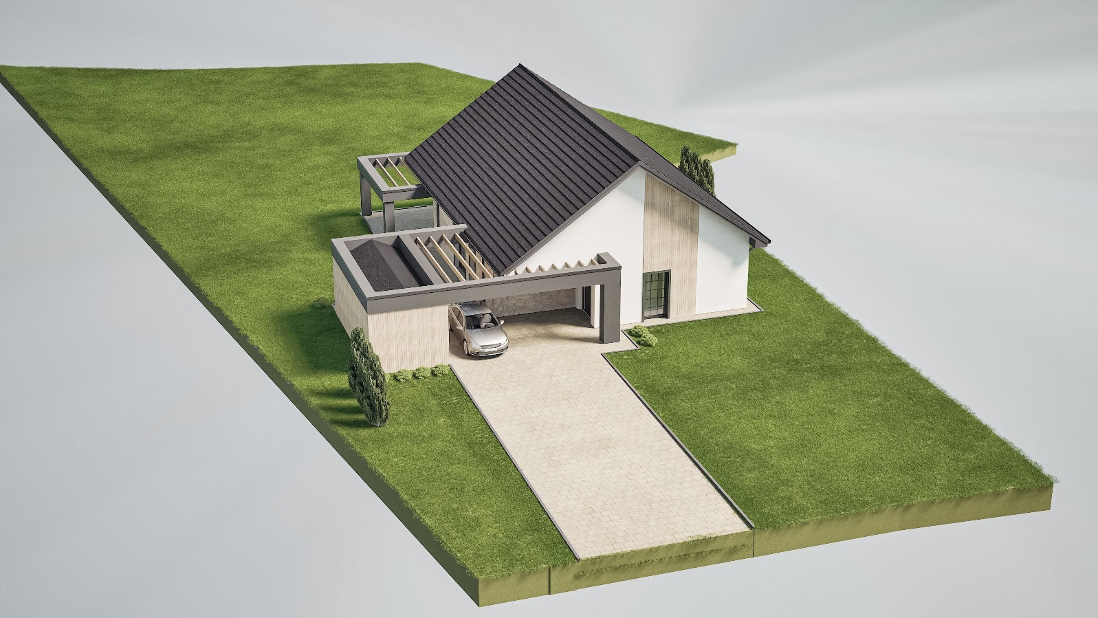 Wizualizacja 3D nowoczesnego domu z garażem i ogrodem, ukazana z perspektywy lotu ptaka. Jasna elewacja kontrastuje z ciemnym dachem. Samochód zaparkowany w garażu.